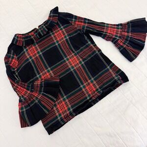 Elizabeth Wilson Tartan Plaid Ruffle Collar Bell Sleeve Katherine Top M Preppy‎